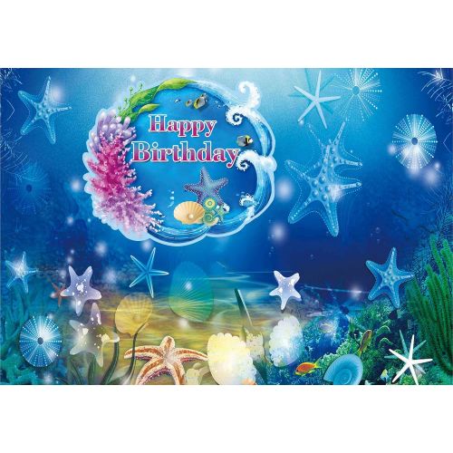  PHMOJEN Underwater World Happy Birthday Blue Backdrop for Photography Baby Shower Kids Theme Birthday Party Decorations Background Corals Starfish Vinyl 10x7ft Banner Poster Photo Booth Pr