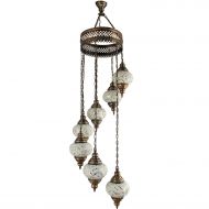 PHNAM Chandelier, Ceiling Lights, Turkish Lamps, Hanging Mosaic Lights, Pendant, White Glass, Color Glass, Moroccan Lantern, 7 Bulbs
