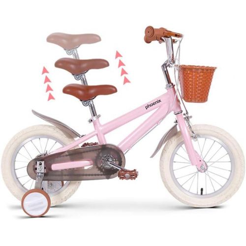  PHOENIX Vintage 14 16 18 Inch Kids Bike with Basket and Training Wheels, Handbrakes for 3-8 Years Old Girls &Boys Toddler