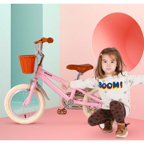  PHOENIX Vintage 14 16 18 Inch Kids Bike with Basket and Training Wheels, Handbrakes for 3-8 Years Old Girls &Boys Toddler