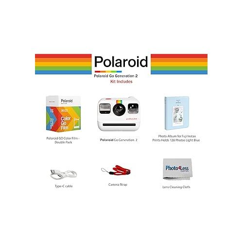  Polaroid Go Generation 2 Instant Film Camera Bundle with Polaroid GO Color Film, Double Pack and Photo Album + Cloth (4 Items) (White)