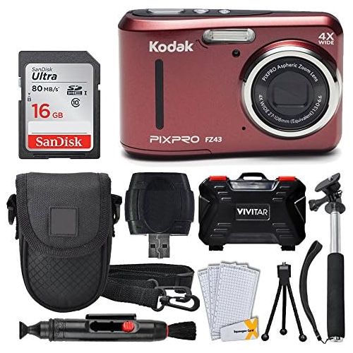 PHOTO4LESS Kodak PIXPRO FZ43 Digital Camera (Red) + 16GB Memory Card + Deluxe Point and Shoot Camera Case + Extendable Monopod + Lens Cleaning Pen + LCD Screen Protectors + Table Top Tripod 