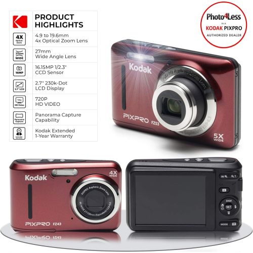  PHOTO4LESS Kodak PIXPRO FZ43 Digital Camera (Red) + 16GB Memory Card + Deluxe Point and Shoot Camera Case + Extendable Monopod + Lens Cleaning Pen + LCD Screen Protectors + Table Top Tripod 