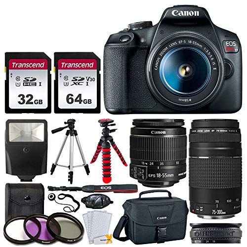  PHOTO4LESS Canon EOS Rebel T7 DSLR Camera + EF-S 18-55mm f/3.5-5.6 is II + EF 75-300mm f/4-5.6 III Lens + Canon EOS Shoulder Bag + 32GB Memory Card + 64GB Memory Card + 2x Tripod + Slave Flas