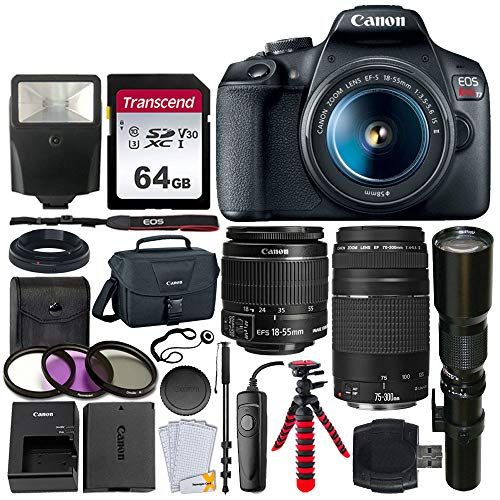  PHOTO4LESS Canon EOS Rebel T7 Digital SLR Camera + EF-S 18-55mm is II Lens + EF 75-300mm Lens + 500mm Telephoto Lens + Canon Bag + Filter Kit + 64GB Memory Card + Flash + Remote + Tripod - Pr