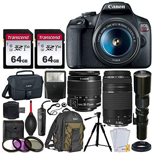  PHOTO4LESS Canon EOS Rebel T7 DSLR Camera + EF-S 18-55mm f/3.5-5.6 IS II + EF 75-300mm f/4-5.6 III Lens + Telephoto 500mm f/8.0 T-Mount Lens (Long) + 2x 64GB Memory Card + Canon EOS Bag + Can