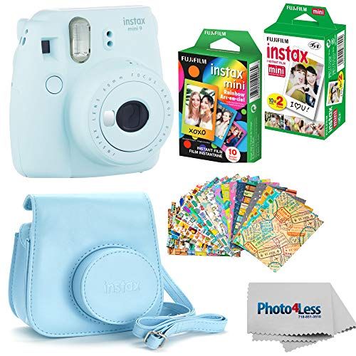 후지필름 Fujifilm Instax mini 9 Instant Film Camera (Ice Blue) - Fujifilm Instax Mini Instant Film, Twin Pack - Fujifilm Instax Mini Rainbow Film - Case for Fuji Mini Camera  Fuji Instax A