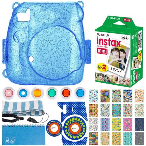  PHOTO4LESS Fujifilm Instax Mini Twin Pack Instant Film (20 Exposures) + Hard Glitter Case (Cobalt Blue) + Scrapbooking Album + Striped Strap + Camera Sticker + Lens Filters + 20 Sticker Frame