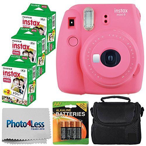  PHOTO4LESS Fujifilm instax Mini 9 Instant Film Camera (Flamingo Pink) - Fujifilm Instax Mini Twin Pack Instant Film (60 Shots) + Compact Camera Case + AA Batteries + Cleaning Cloth - Full Acc