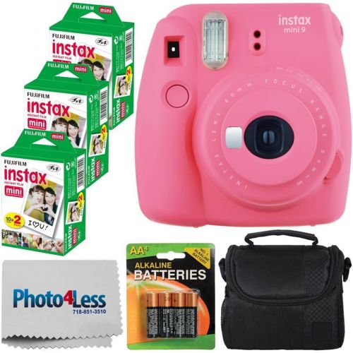  PHOTO4LESS Fujifilm instax Mini 9 Instant Film Camera (Flamingo Pink) - Fujifilm Instax Mini Twin Pack Instant Film (60 Shots) + Compact Camera Case + AA Batteries + Cleaning Cloth - Full Acc