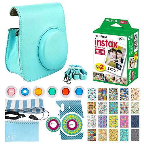  PHOTO4LESS Fujifilm Instax Mini Instant Film (20 Exposures) + Leather Case for Instax Mini 9/8 - Ice Blue + Scrapbooking Album + Striped Strap + Camera Sticker + Lens Filters + 20 Sticker Fra