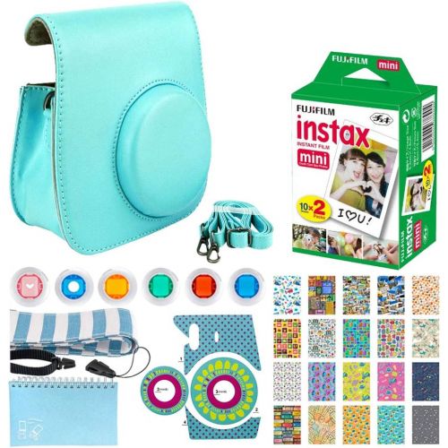  PHOTO4LESS Fujifilm Instax Mini Instant Film (20 Exposures) + Leather Case for Instax Mini 9/8 - Ice Blue + Scrapbooking Album + Striped Strap + Camera Sticker + Lens Filters + 20 Sticker Fra