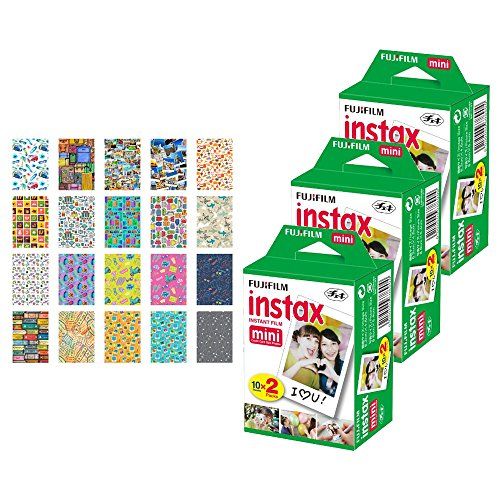  PHOTO4LESS 3X Fujifilm instax Mini Instant Film (60 Exposures) + 20 Sticker Frames for Fuji Instax Prints Travel Package