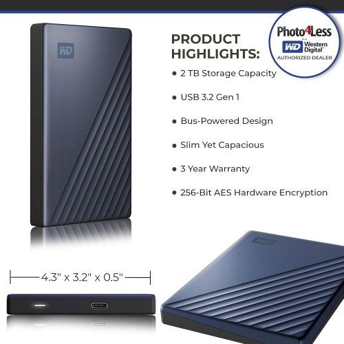  PHOTO4LESS WD 2TB My Passport Ultra USB 3.0 Type-C Slim Portable External Hard Drive (Blue) + Compact Hard Drive Case (Navy Blue)