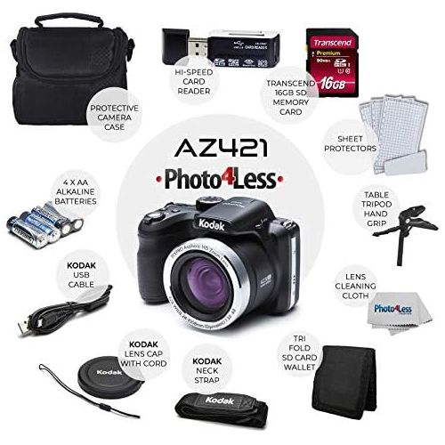  [아마존베스트]PHOTO4LESS Kodak PIXPRO AZ421 Digital Camera (Black) + Camera Case + Transcend 16GB SDHC Class10 UHS-I Card 400X Memory Card + USB Card Reader + Table Tripod + Accessories