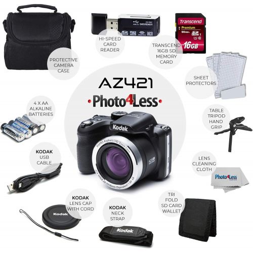  [아마존베스트]PHOTO4LESS Kodak PIXPRO AZ421 Digital Camera (Black) + Camera Case + Transcend 16GB SDHC Class10 UHS-I Card 400X Memory Card + USB Card Reader + Table Tripod + Accessories