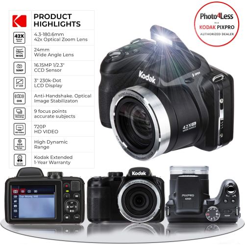  [아마존베스트]PHOTO4LESS Kodak PIXPRO AZ421 Digital Camera (Black) + Camera Case + Transcend 16GB SDHC Class10 UHS-I Card 400X Memory Card + USB Card Reader + Table Tripod + Accessories