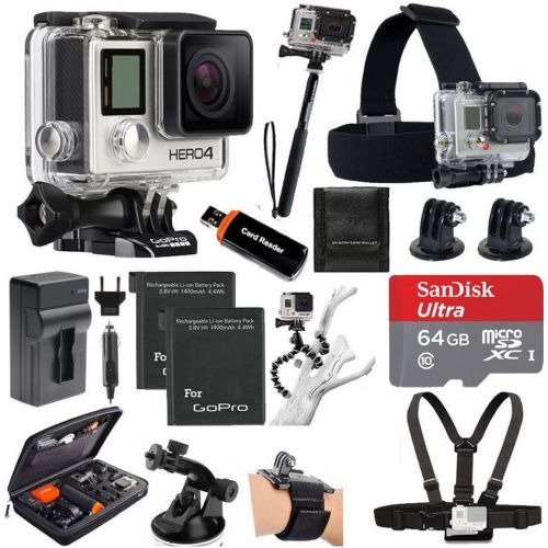  Photo4Less GoPro HERO4 SILVER Edition Camera HD Camcorder With Deluxe Carrying Case + Head Strap + Chest Strap + Suction Cup Mount + Wrist Strap Band +Monopod + 64GB SDXC MicroSD Memory Card