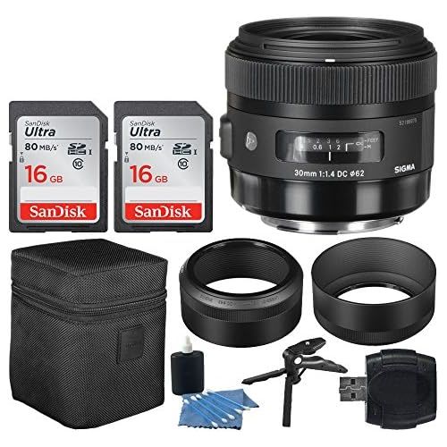  PHOTO4LESS Sigma 30mm f1.4 DC HSM Art Lens for Canon + 32GB Memory Card + Hi-Speed SD USB Card Reader + Table TripodHand Grip + 3 Piece Cleaning Kit  Lens Accessory Bundle