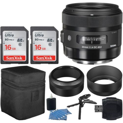  PHOTO4LESS Sigma 30mm f1.4 DC HSM Art Lens for Canon + 32GB Memory Card + Hi-Speed SD USB Card Reader + Table TripodHand Grip + 3 Piece Cleaning Kit  Lens Accessory Bundle