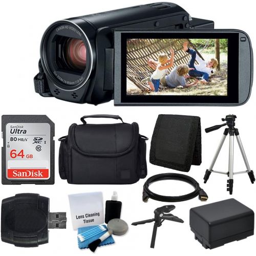  Photo4Less Canon VIXIA HF R800 Camcorder (White) + SanDisk 64GB Memory Card + Digital CameraVideo Case + Extra Battery BP-727 + Quality Tripod + Card Reader + Tabletop TripodHandgrip - Delu