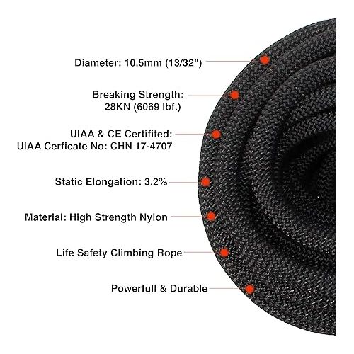  PHRIXUS 10.5mm Black Climbing Rope Static Rappelling Rope 28kN - 90M (300ft) Safety Heavy Duty Rope for Outdoor Rock Climbing, Mountain Climbing, Ice Climbing, Rescue and Escape, Aerial Work