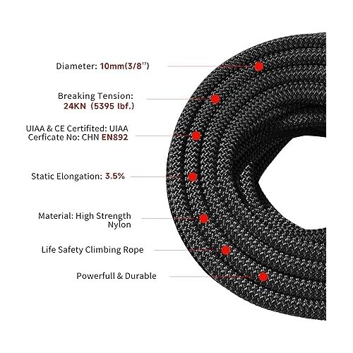  PHRIXUS Static Climbing Rope 10mm 11mm- 32ft 64ft 100ft 200ftSafety Nylon Kernmantle Rope for Rock Climbing, Mountaineering, Tree Climbing, Ice Climbing, Rappelling, Rescue, UIAA Certified