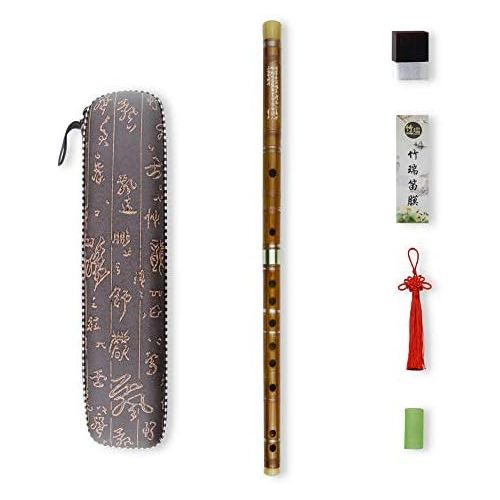  PhysCool C Key Dizi Bitter Bamboo Flute for Beginners with Free Membrane & Glue & Protector Set Traditional Chinese Instrument(Key of C/Bitter Bamboo)
