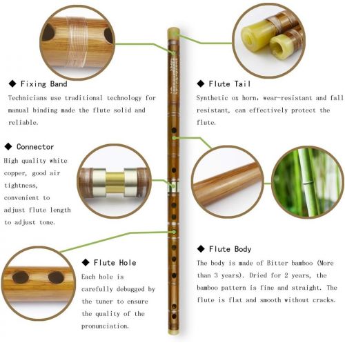  PhysCool C Key Dizi Bitter Bamboo Flute for Beginners with Free Membrane & Glue & Protector Set Traditional Chinese Instrument(Key of C/Bitter Bamboo)