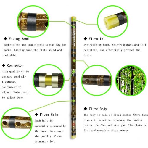  PhysCool C Key Dizi Black Bamboo Flute with Free Membrane & Glue & Protector Set Traditional Chinese Instrument (Key of C/Black Bamboo)