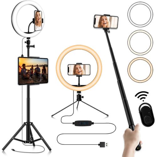  [아마존베스트]PIBO 10-inch Selfie Ring Light, Selfie Stick Tripod 76.7-inch Expandable, Tablet Holder Mobile Phone Holder 3 Light Modes, for Makeup/Photography/YouTube/Vlog/TIK Tok/Live/Streaming wit