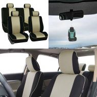 PIC FH Group FB063114 Cloth Car Seat Covers w. Piping Full Set Airbag & Split Ready Beige/Black w. Free Air Freshener- Fit Most Car, Truck, SUV, or Van