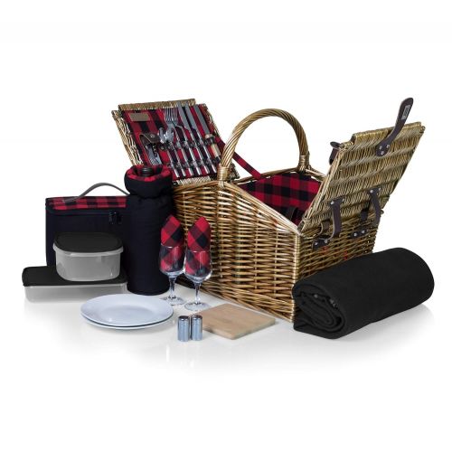  PICNIC TIME Picnic Time Somerset English-Style Double Lid Willow Picnic Basket with Service for 2 , Red/Black Buffalo Plaid