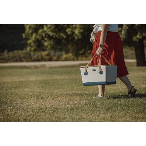  PICNIC TIME Belmont Wicker Picnic Basket with Deluxe Service for Four, Navy/White Stripe