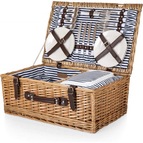  PICNIC TIME Belmont Wicker Picnic Basket with Deluxe Service for Four, Navy/White Stripe