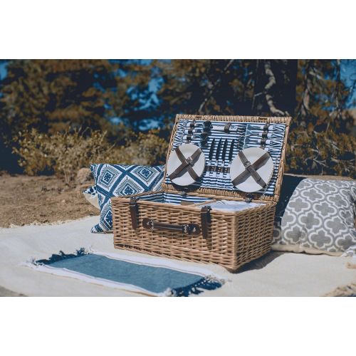  PICNIC TIME Belmont Wicker Picnic Basket with Deluxe Service for Four, Navy/White Stripe