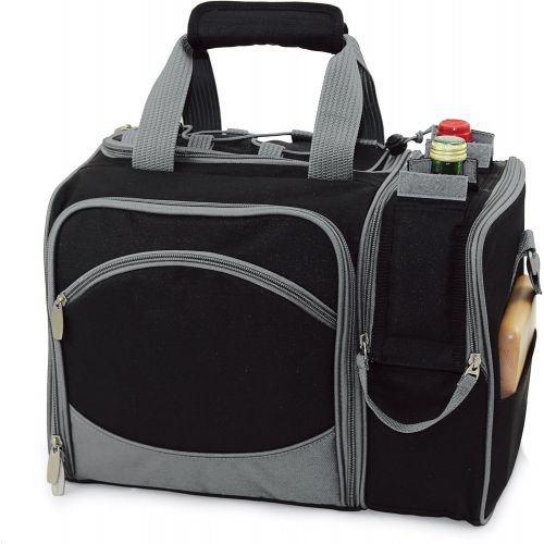  Picnic Time Malibu Insulated Cooler Picnic Tote with Service for 2, Black with Silver Grey