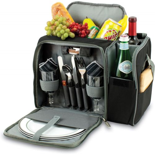  Picnic Time Malibu Insulated Cooler Picnic Tote with Service for 2, Black with Silver Grey