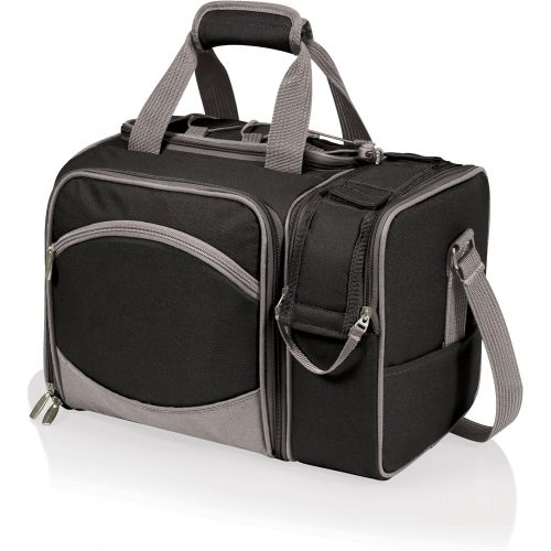  Picnic Time Malibu Insulated Cooler Picnic Tote with Service for 2, Black with Silver Grey