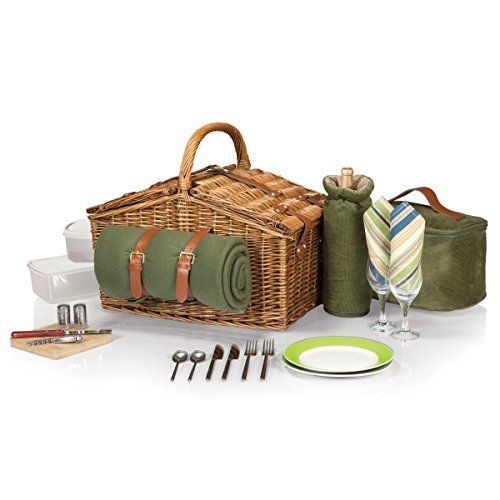  Picnic Time Somerset English-Style Double Lid Willow Picnic Basket with Service for 2, Sage Green with Stripes