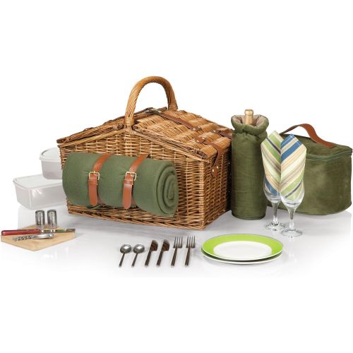  Picnic Time Somerset English-Style Double Lid Willow Picnic Basket with Service for 2, Sage Green with Stripes