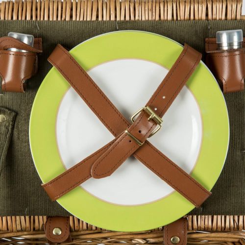  Picnic Time Somerset English-Style Double Lid Willow Picnic Basket with Service for 2, Sage Green with Stripes