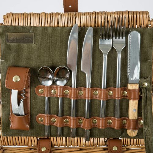  Picnic Time Somerset English-Style Double Lid Willow Picnic Basket with Service for 2, Sage Green with Stripes