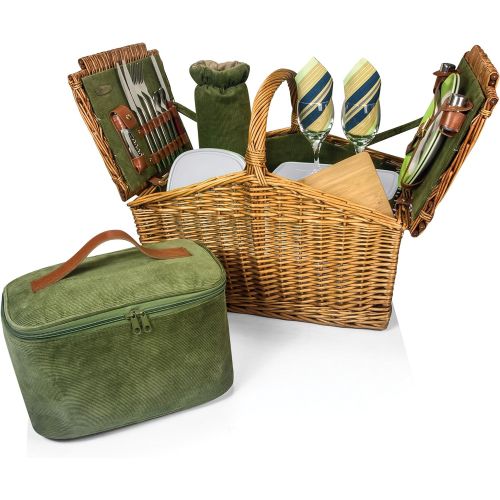  Picnic Time Somerset English-Style Double Lid Willow Picnic Basket with Service for 2, Sage Green with Stripes