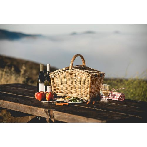  Picnic Time Piccadilly Willow Picnic Basket for Two People, with Plates, Wine Glasses, Cutlery, and Corkscrew - Red/White Plaid