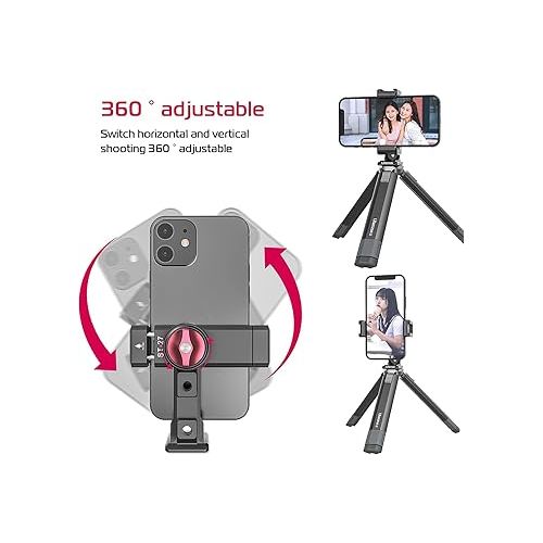  Metal Phone Tripod Mount 3 Cold Shoes & Arca Port, 360° Smartphone Tripod Adapter for iPhone Samsung Cell Phone Stand Holder for Desktop Tripod Video Live Streaming Vlogging Rig