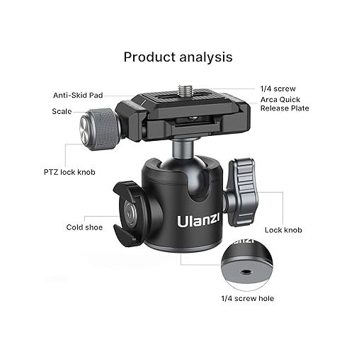  Tripod Ball Head ULANZI U-80L Camera Quick Release Metal Ball Head Camera Mount Arca Swiss 360° Rotating with Quick Release Plate & Cold Shoe, 22lbs/10kg Load for 1/4