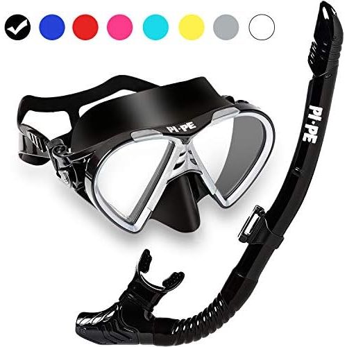  PI-PE Profi Schnorchelset mit Taucherbrille und Dry Schnorchel fuer Erwachsene - Schwarze Tauchmaske mit Snorkel fuer Damen und Herren - Anti Fog Glas Schnorchelmaske Taucherset