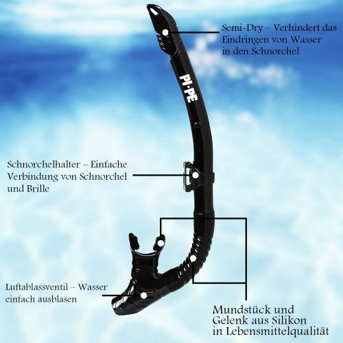  PI-PE Profi Schnorchelset mit Taucherbrille und Dry Schnorchel fuer Erwachsene - Schwarze Tauchmaske mit Snorkel fuer Damen und Herren - Anti Fog Glas Schnorchelmaske Taucherset