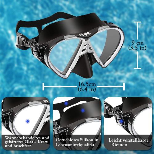  PI-PE Profi Schnorchelset mit Taucherbrille und Dry Schnorchel fuer Erwachsene - Schwarze Tauchmaske mit Snorkel fuer Damen und Herren - Anti Fog Glas Schnorchelmaske Taucherset